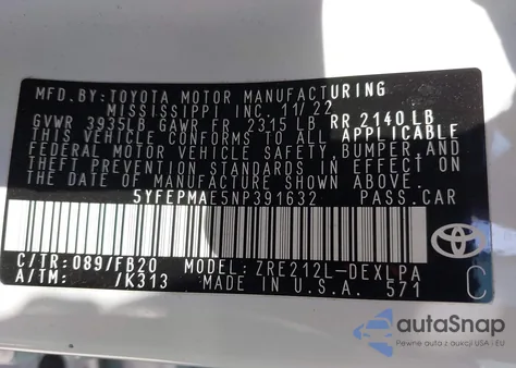 2022 Toyota Corolla Le from USA, damaged, VIN 5YFEPMAE5NP391632